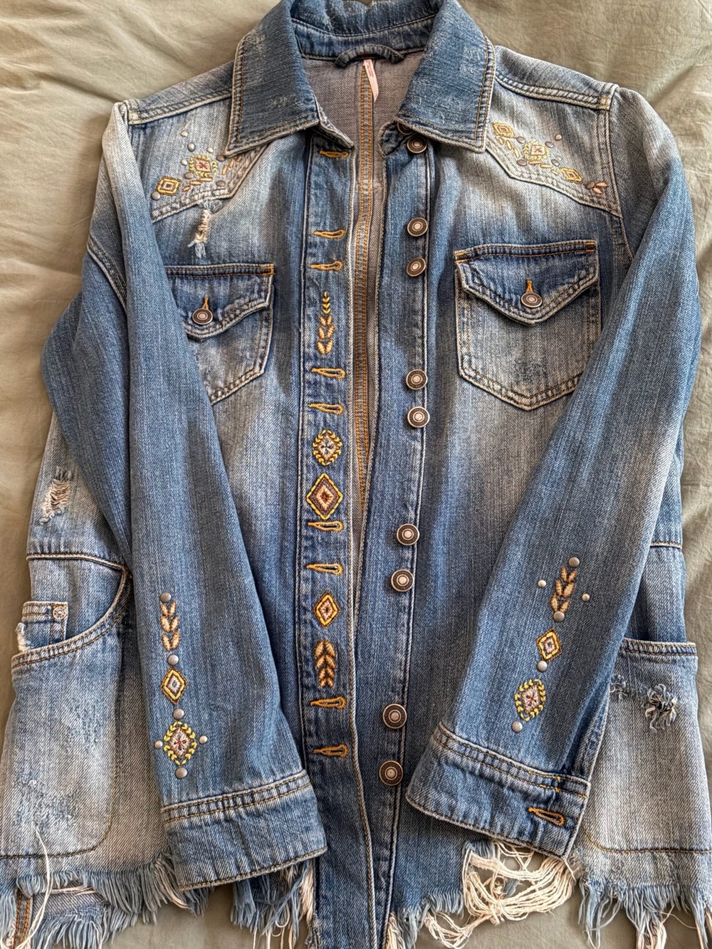 Free People Embroidered Light Blue Distressed Denim Jacket - Picture 2 of 4